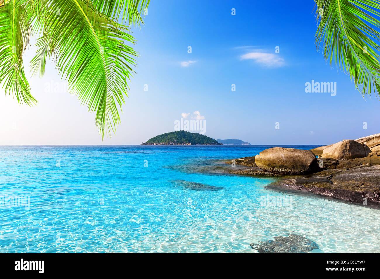 Onda di mare sulla spiaggia di sabbia nell'isola di Similan, Thailandia. Vacanza estate sfondo. Incredibile spiaggia dell'isola di Similan con acque turchesi. Foto Stock