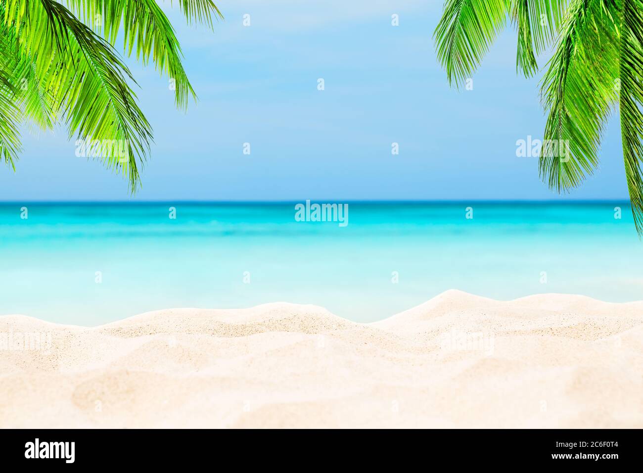 Palme da cocco contro il cielo blu e la bellissima spiaggia di Punta Cana, Repubblica Dominicana. Sfondo vacanze. Vista di un bel tropico Foto Stock