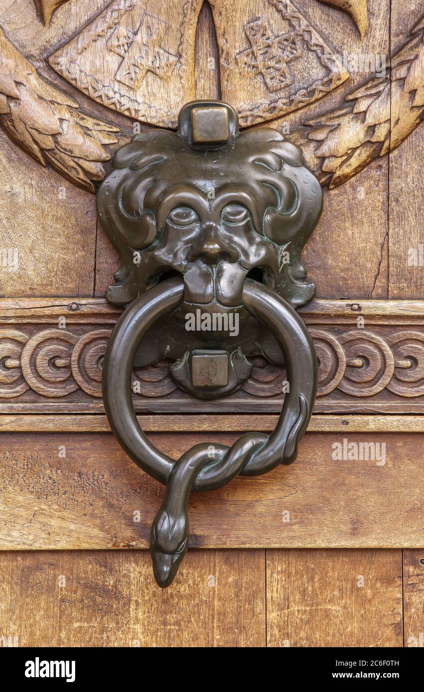 Dettagli di una porta con leone e un serpente, San Ulrich, Tirolo del Sud, Italia Foto Stock