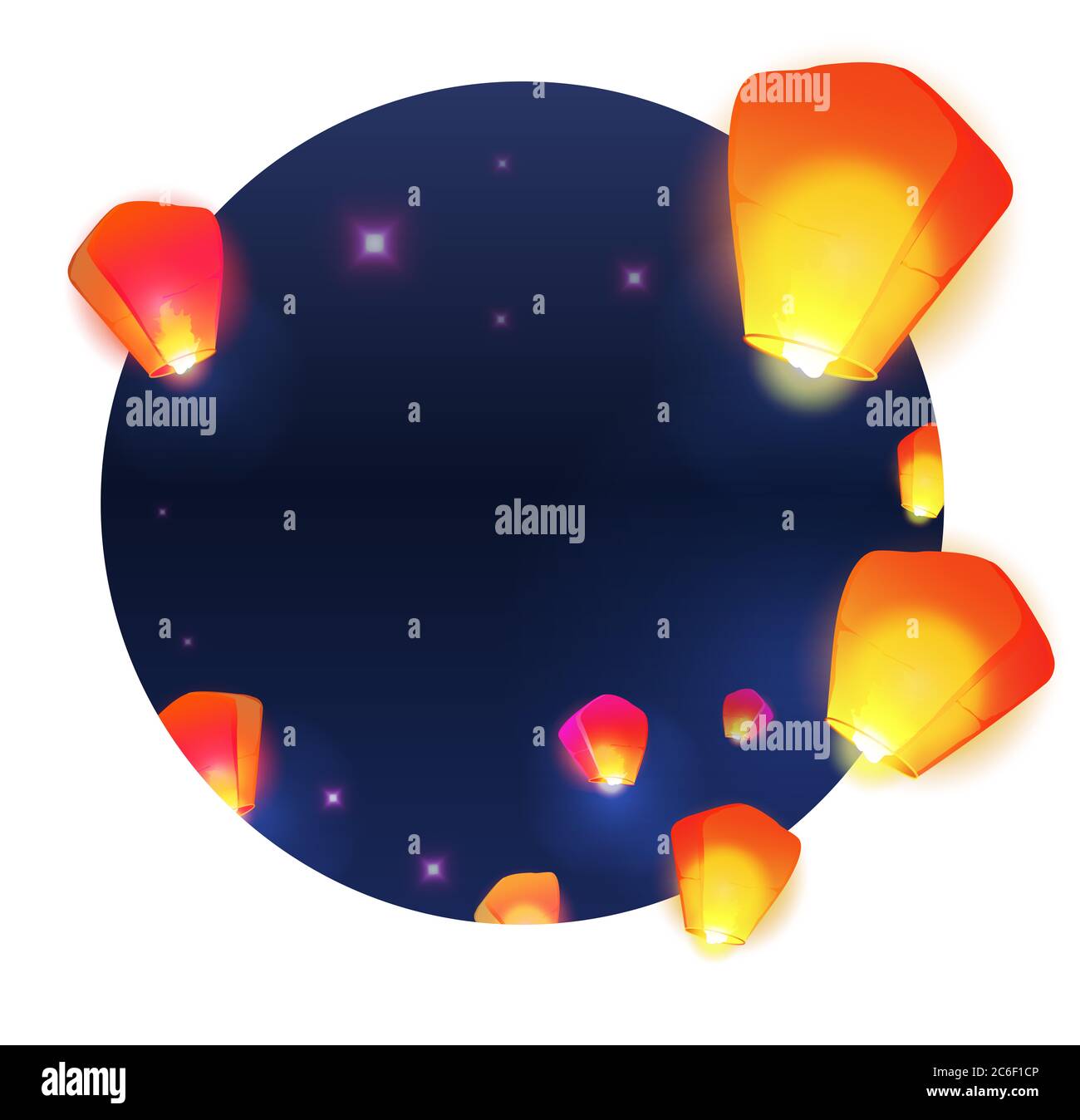 Fai galleggiare una lanterne dei desideri in un'illustrazione del cielo notturno scuro. Capodanno cinese del roster. Foto Stock