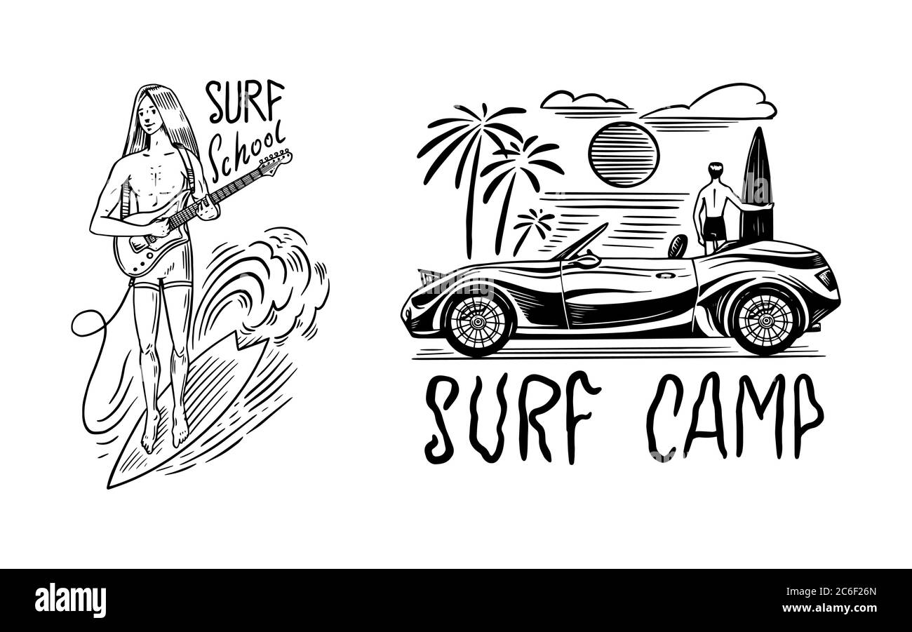 Ragazzo con una chitarra. Badge Surf, logo Vintage Surfer. Onda retrospettiva. Estate California. Uomo sulla tavola da surf. Emblema inciso disegnato a mano. Banner o poster. Illustrazione Vettoriale Ragazzo con una chitarra. Badge Surf, logo Vintage Surfer. Onda retrospettiva. Estate California. Uomo sulla tavola da surf. Emblema inciso disegnato a mano. Banner o poster. Illustrazione Vettoriale