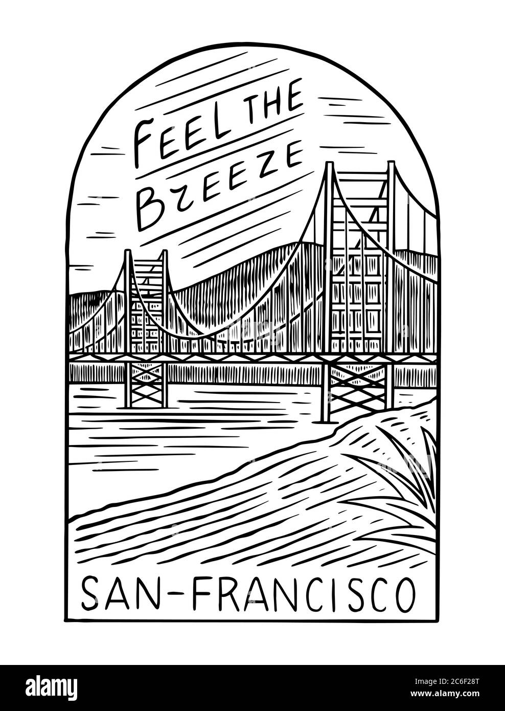 Estate retro San Francisco. Badge Surf, logo Vintage Surfer. Emblema inciso disegnato a mano. Banner o poster. Illustrazione Vettoriale