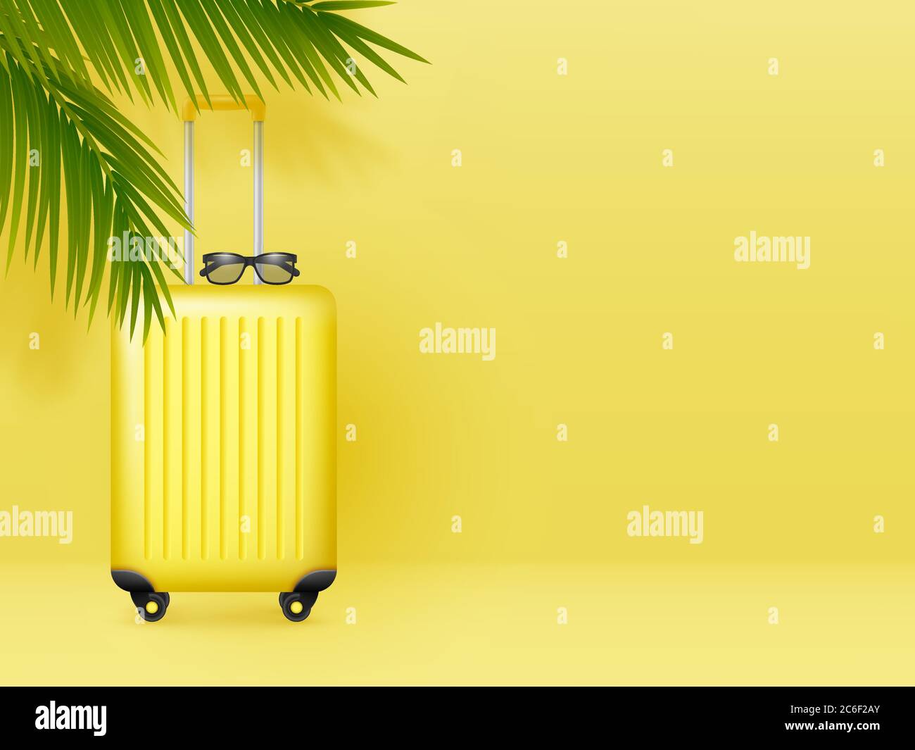 Valigia con occhiali da sole e foglie di palma. Illustrazione Vettoriale