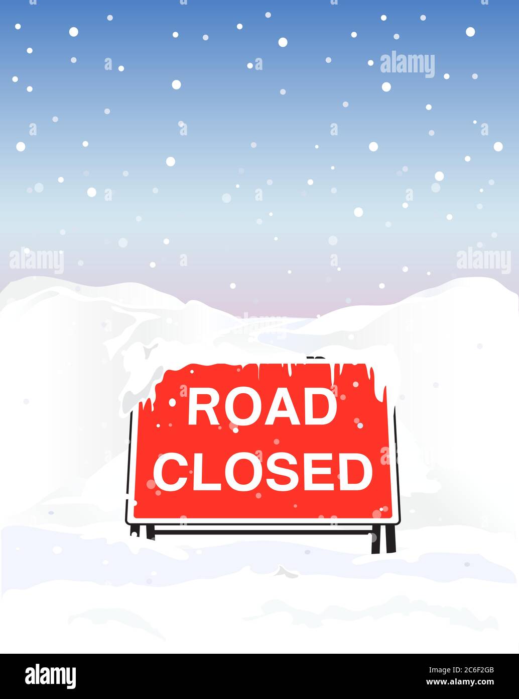 Un cartello stradale chiuso a causa di una forte nevicata. Formato vettoriale EPS10 Illustrazione Vettoriale