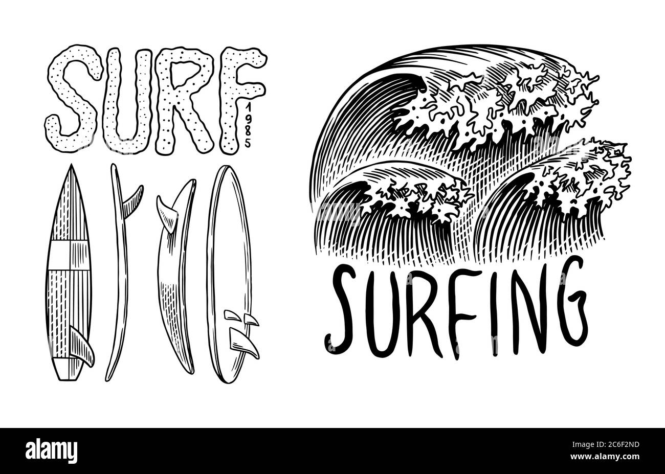 Badge surf. Onda retrospettiva. Logo Vintage Surfer. Etichette estive California. Surf e mare. Emblema inciso disegnato a mano. Banner o poster. Illustrazione Vettoriale