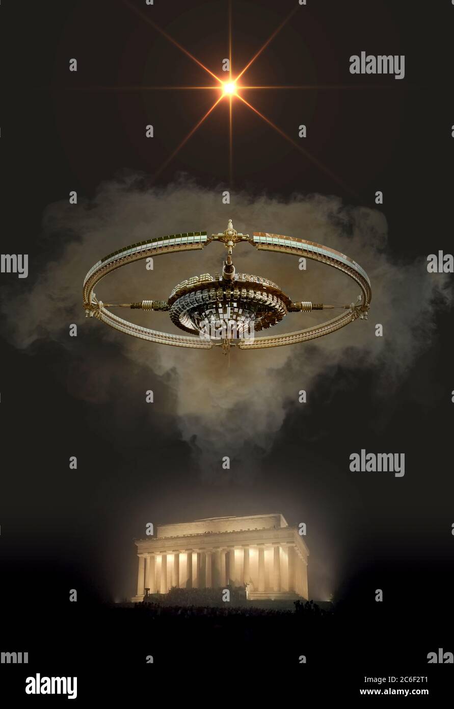 Illustrazione 3D di un disco volante alieno che si aggiri di notte sopra il Lincoln Memorial di Washington, DC, per viaggi spaziali, fantascienza e video Foto Stock