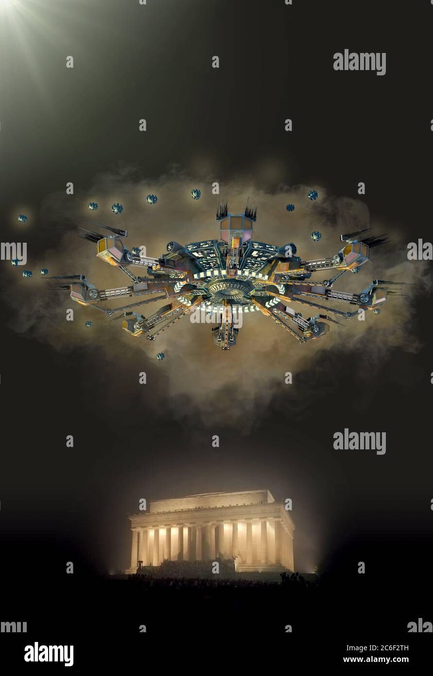 Illustrazione 3D di una navicella spaziale aliena che si aggirava di notte sopra il Lincoln Memorial di Washington, DC, per viaggi interstellari, fantascienza e vid Foto Stock