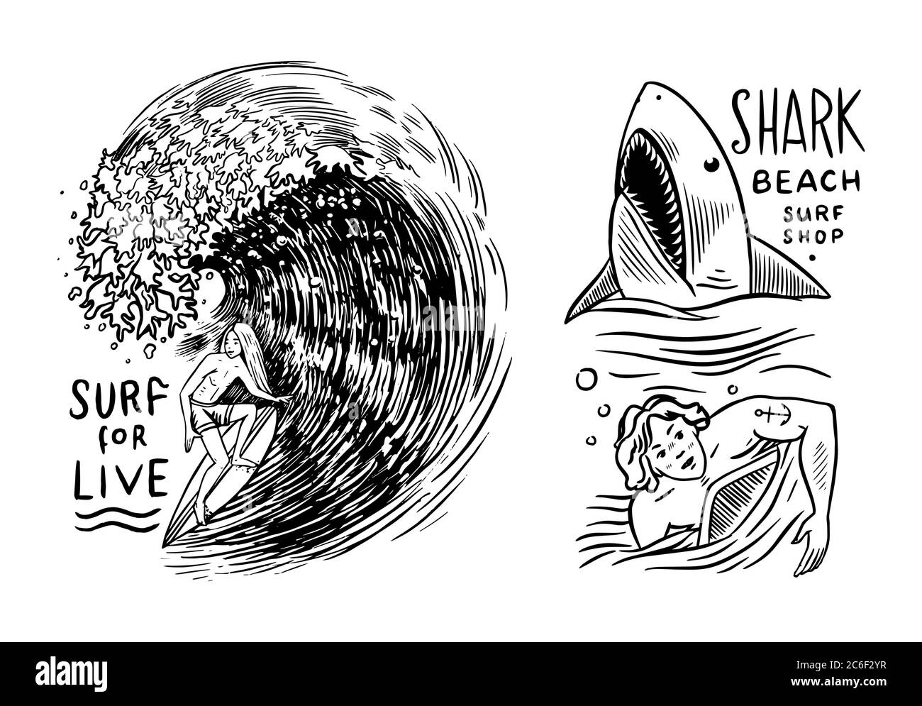Badge surf. Onda retrospettiva. Logo Vintage Surfer. Etichette estive California. Uomo sulla tavola da surf. Emblema inciso disegnato a mano. Banner o poster. Illustrazione Vettoriale