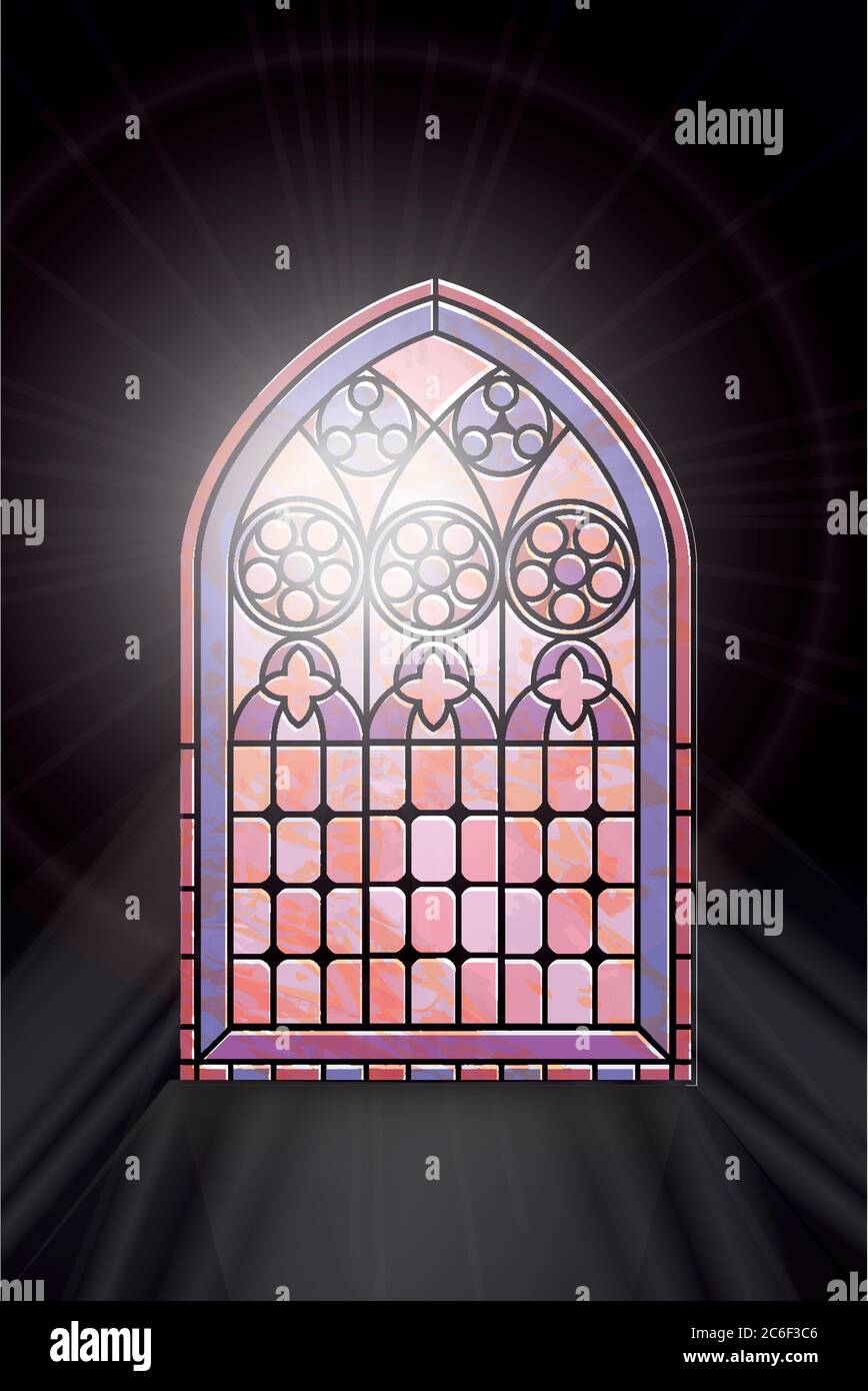 Una finestra in vetro colorato di stile gotico con luce solare che brilla attraverso. Formato vettoriale EPS10 Illustrazione Vettoriale