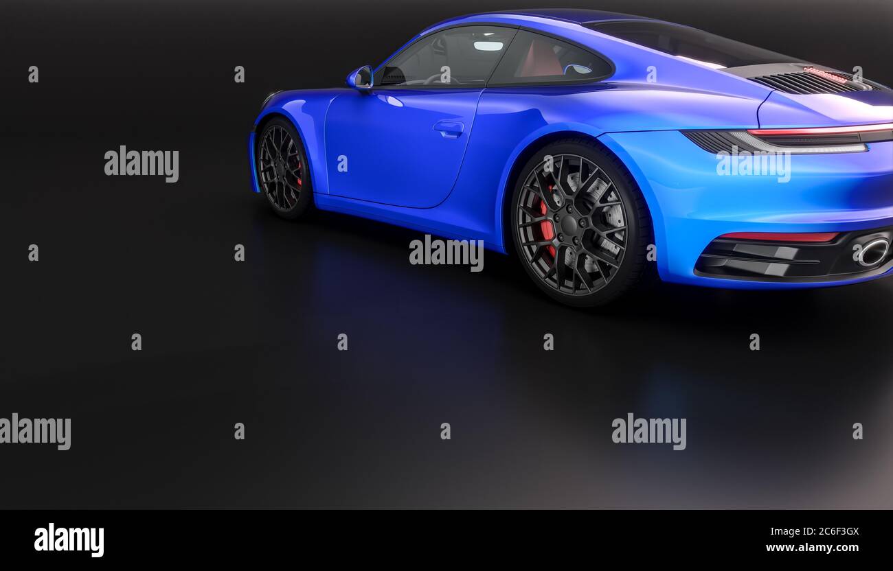 auto sportiva blu di lusso su nero, nessuno intorno. sfondo di rendering 3d Foto Stock