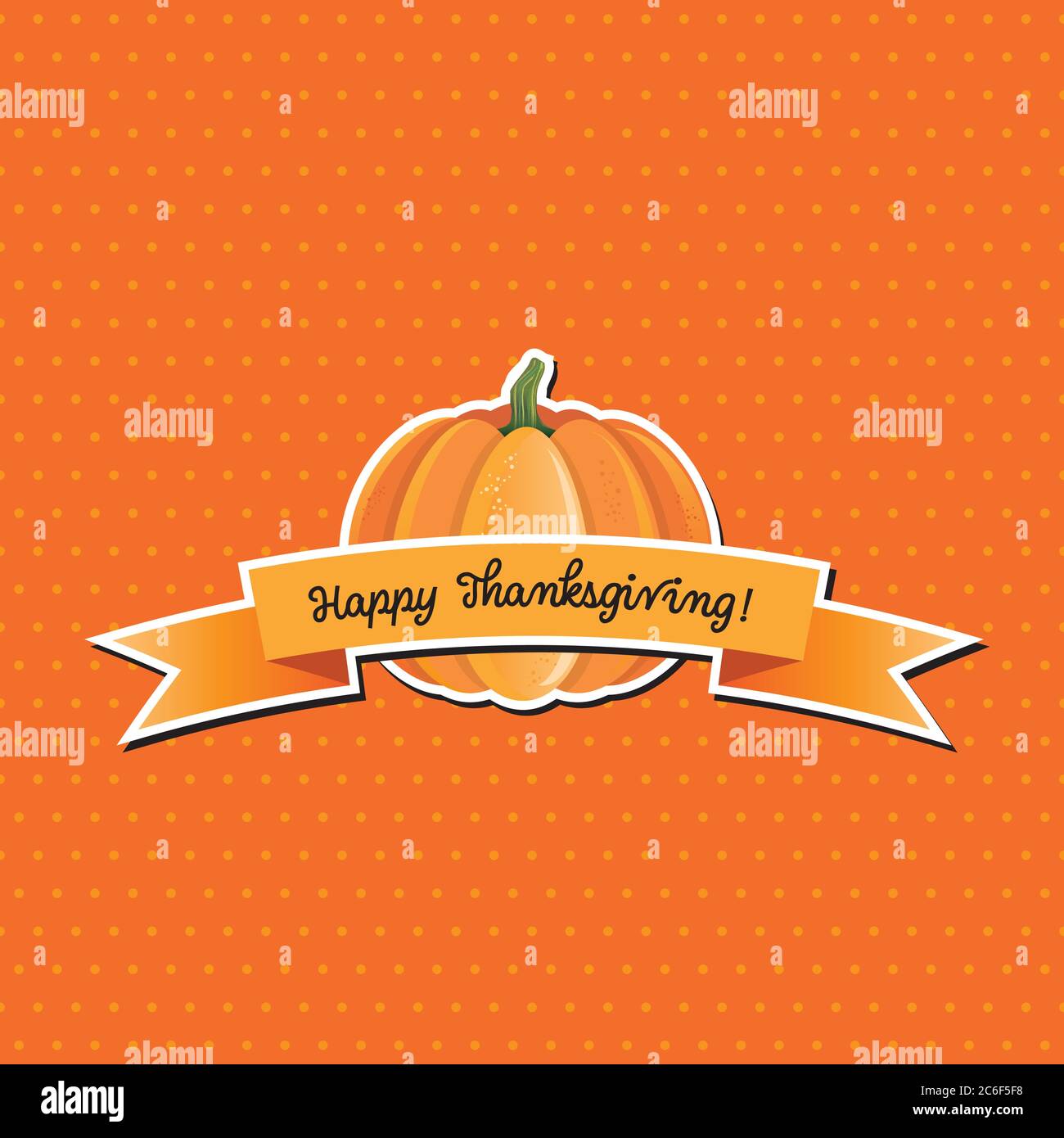 Semplice banner con zucca e nastro. Una zucca arancione minimalista con gambo verde con un buon nastro del Ringraziamento, sopra una polka arancione senza cuciture Illustrazione Vettoriale
