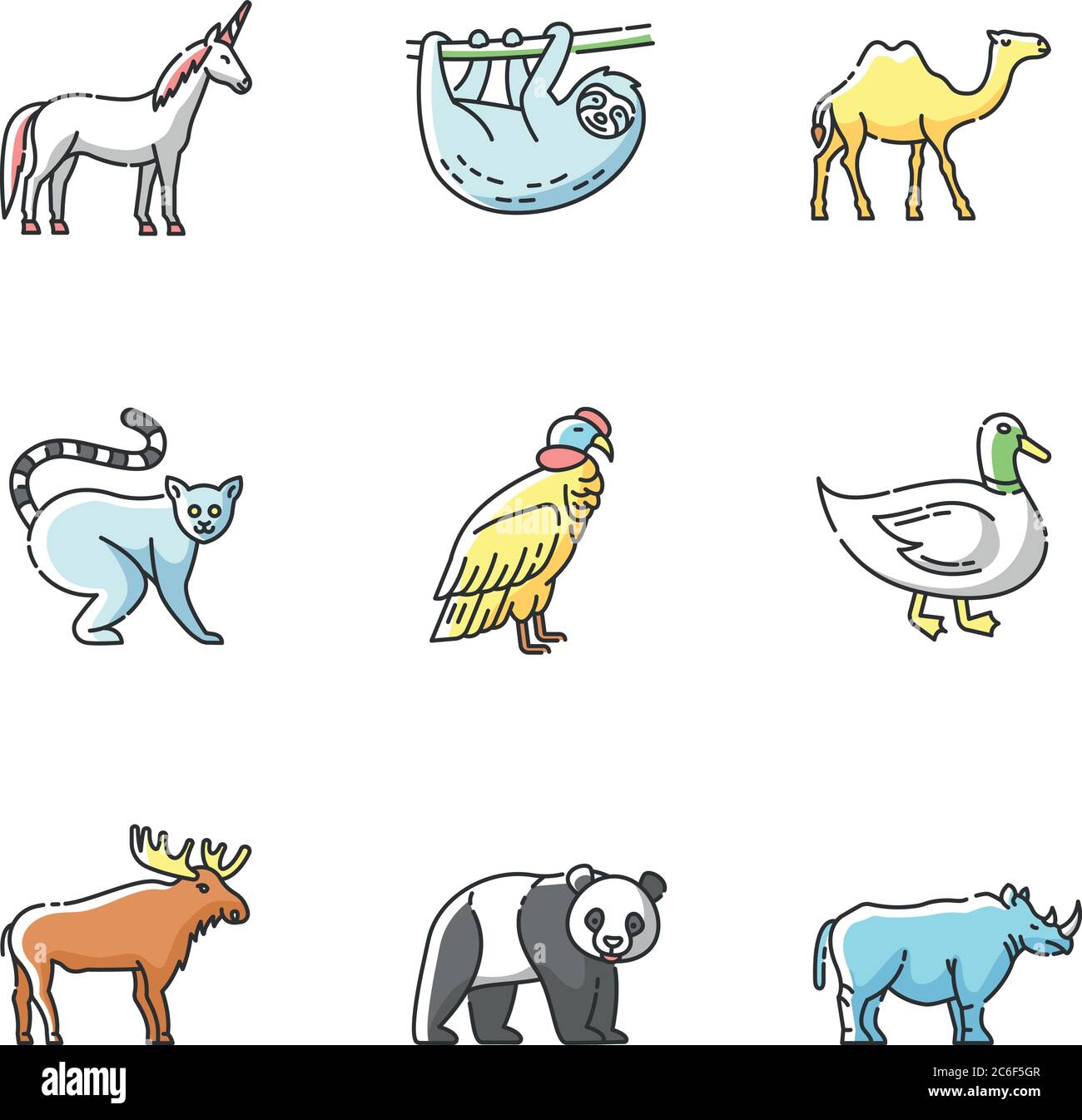 Set di icone RGB per mammiferi e uccelli. Animali volanti e terrestri. Fauna selvatica foresta comune, fauna tropicale e creature fantasy. Illustra vettore isolato Illustrazione Vettoriale