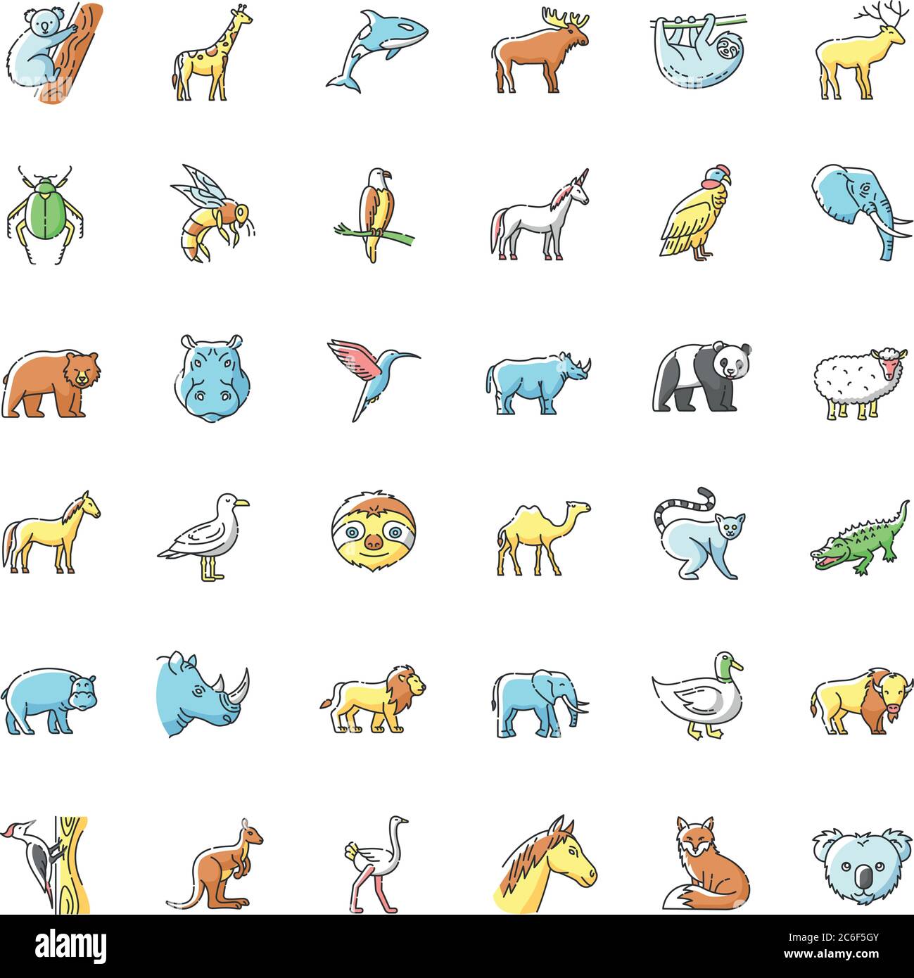 Set di icone di colore RGB animali. Fauna selvatica diversa, fauna diversa. Specie animali comuni ed esotiche. Creature di volo, terra e mare. Vettore isolato illu Illustrazione Vettoriale