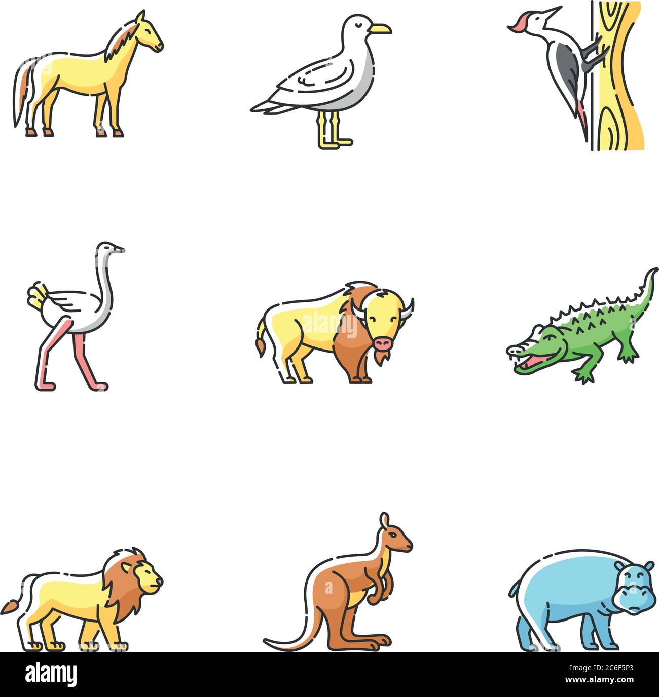 Animali volanti e terrestri set di icone di colore RGB. Uccelli comuni e fauna esotica. Diversi mammiferi erbivori e predatori carnivori. Vettore isolato illu Illustrazione Vettoriale