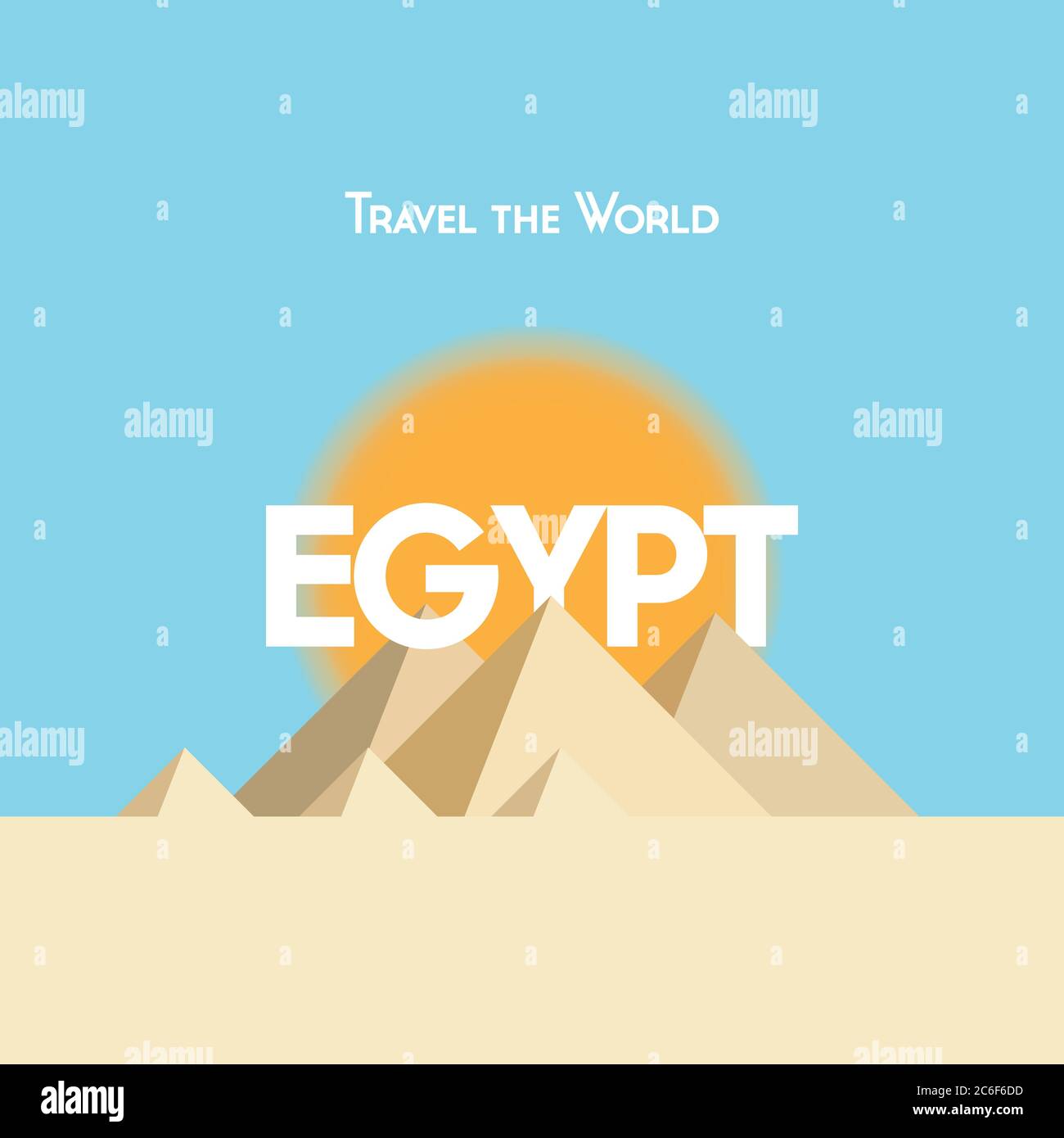 Poster di viaggio in stile piatto su tema egiziano, che mostra piramidi, sole e sabbia. Formato vettoriale EPS10 Illustrazione Vettoriale