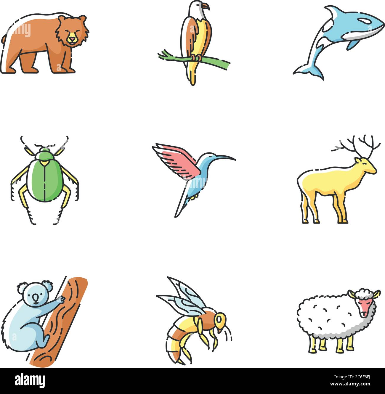 Set di icone di colore RGB per specie animali. Uccelli volanti, animali terrestri e creature marine. Fauna selvatica diversa, esotica e fauna ordinaria. Illustratore di vettori isolati Illustrazione Vettoriale