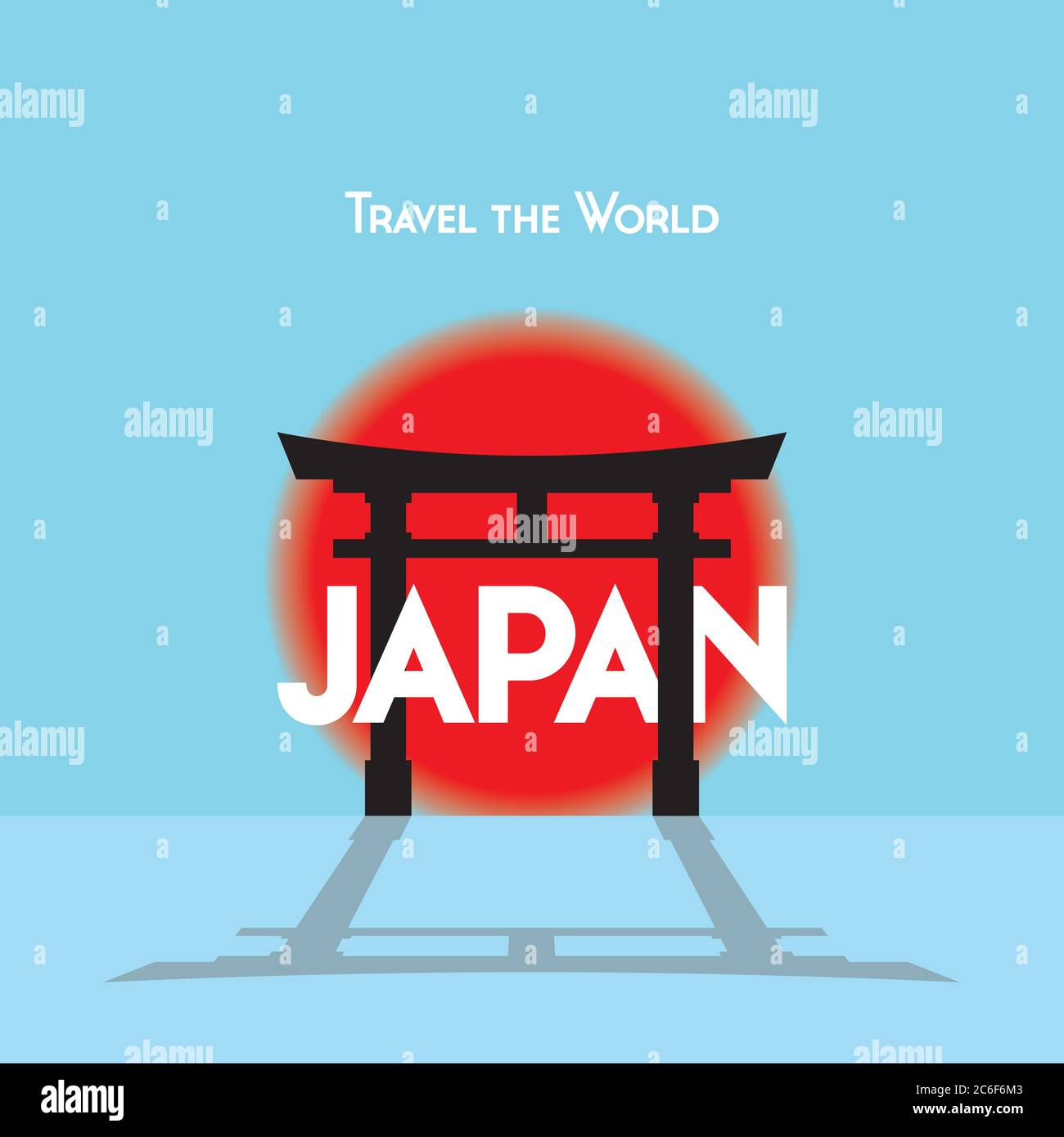 Poster di viaggio in stile piatto su tema giapponese, che mostra una porta Torii con il sole che tramonta. Formato vettoriale EPS10 Illustrazione Vettoriale