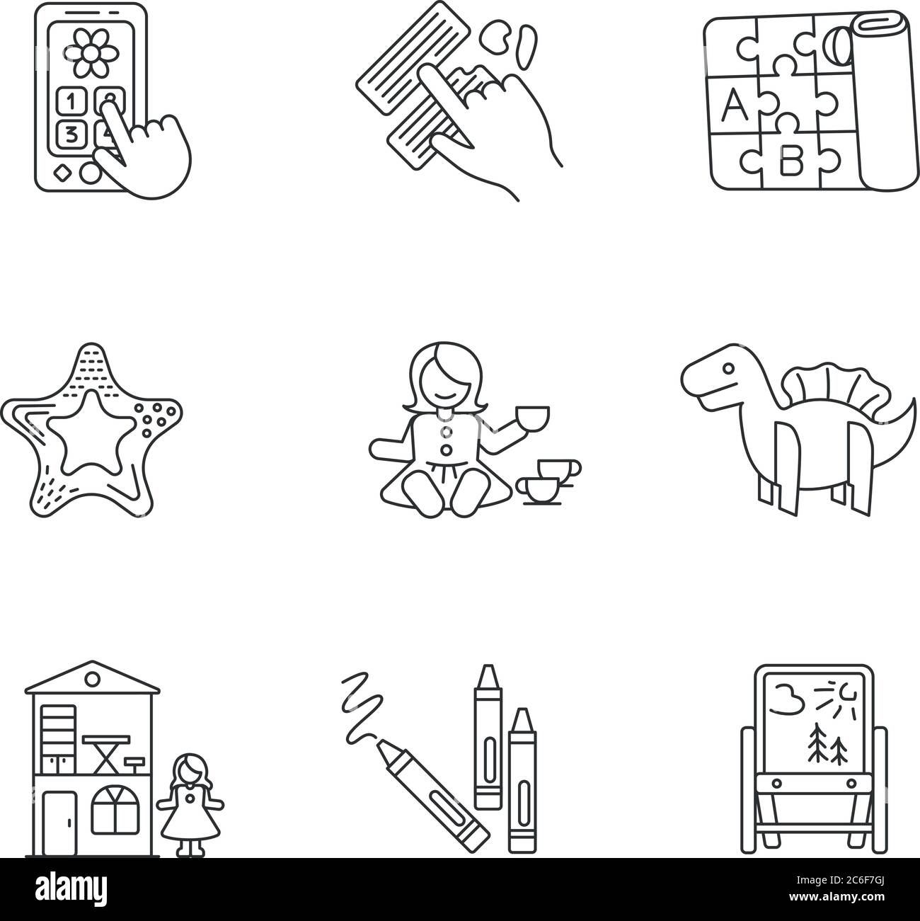 Set di icone lineari perfette per i giocattoli per bambini. Telefono e tappetino pieghevole per alfabeti. Cavalletto pieghevole. Sistema di contorno a linee sottili personalizzabile Illustrazione Vettoriale