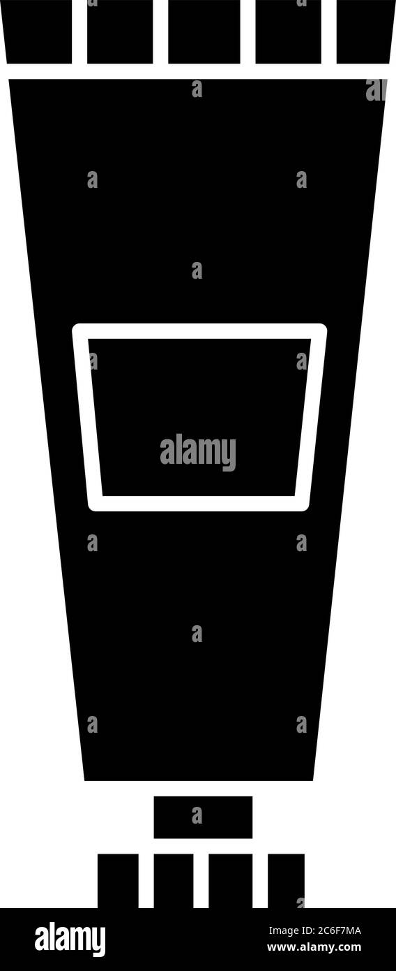 Icona glifo nero tubo di lozione. Crema in bottiglia. Prodotto per la cura personale. Gel di bellezza in confezione. Trucco in vaso. Shampoo per donna. Simbolo di silhouette su wh Illustrazione Vettoriale