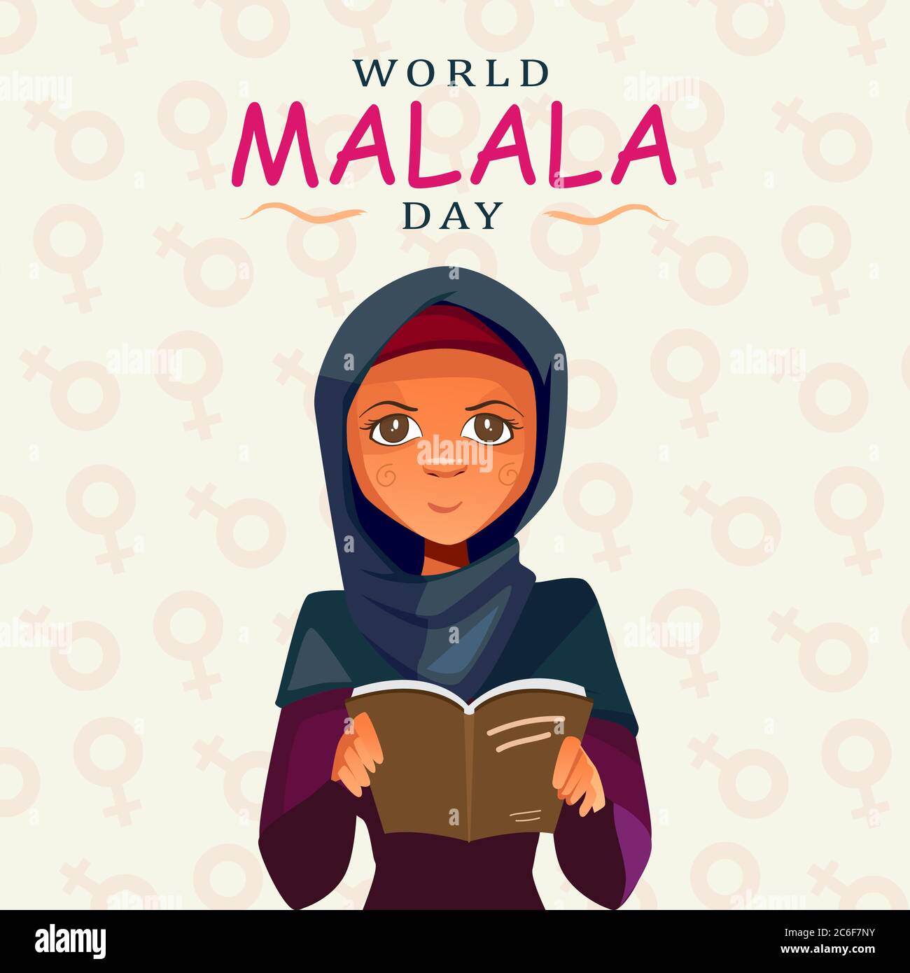 Giornata mondiale Malala, 12 luglio, Malala Yousafzai, donne che leggono il libro, l'educazione, il manifesto, il vettore di illustrazione Illustrazione Vettoriale