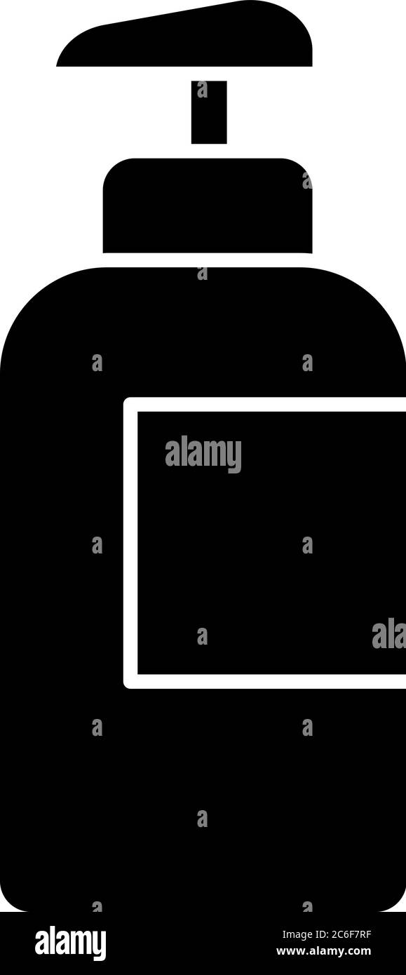 Lozione in bottiglia glifo nero icona. Gruppo pompa per sapone liquido. Contenitore con dispenser. Trucco per la cura personale. Gel in vaso di plastica. Silhouette sy Illustrazione Vettoriale
