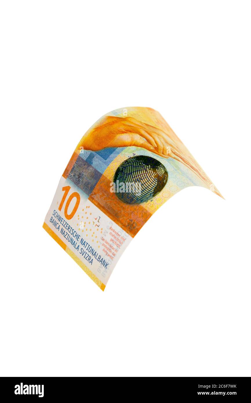 Volo denaro svizzero - 10 franchi nota isolata con percorso di ritaglio Foto Stock