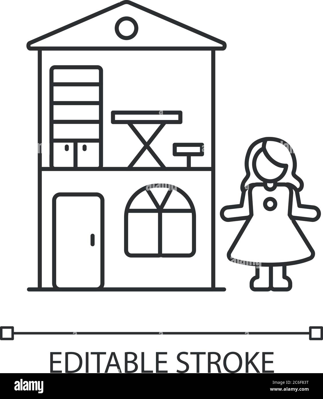 Icona lineare perfetta pixel Dollhouse. Casa giochi in miniatura con bambola. Pretend giochi di gioco. Illustrazione personalizzabile su linee sottili. Simbolo del contorno. Vettore Illustrazione Vettoriale