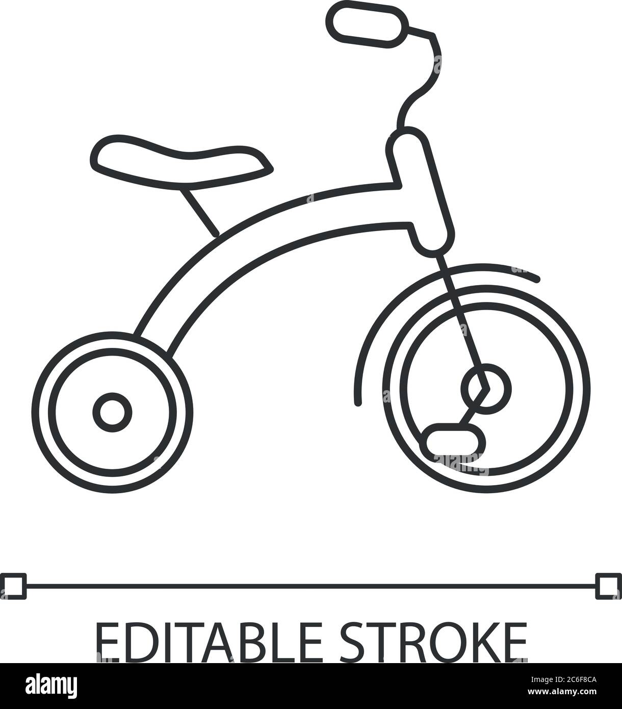 Icona lineare perfetta pixel triciclo. Trike per i bambini. Bambini in giro su attrezzature. Illustrazione personalizzabile su linee sottili. Simbolo del contorno. Isola vettore Illustrazione Vettoriale