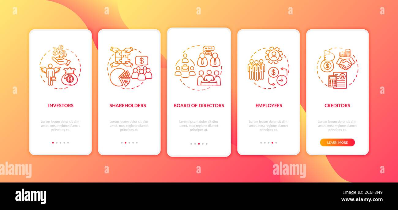 Governance aziendale onboarding della pagina dell'app mobile con concetti. Investitori, dipendenti. Affari. Istruzioni grafiche in 5 fasi. vecto UI Illustrazione Vettoriale