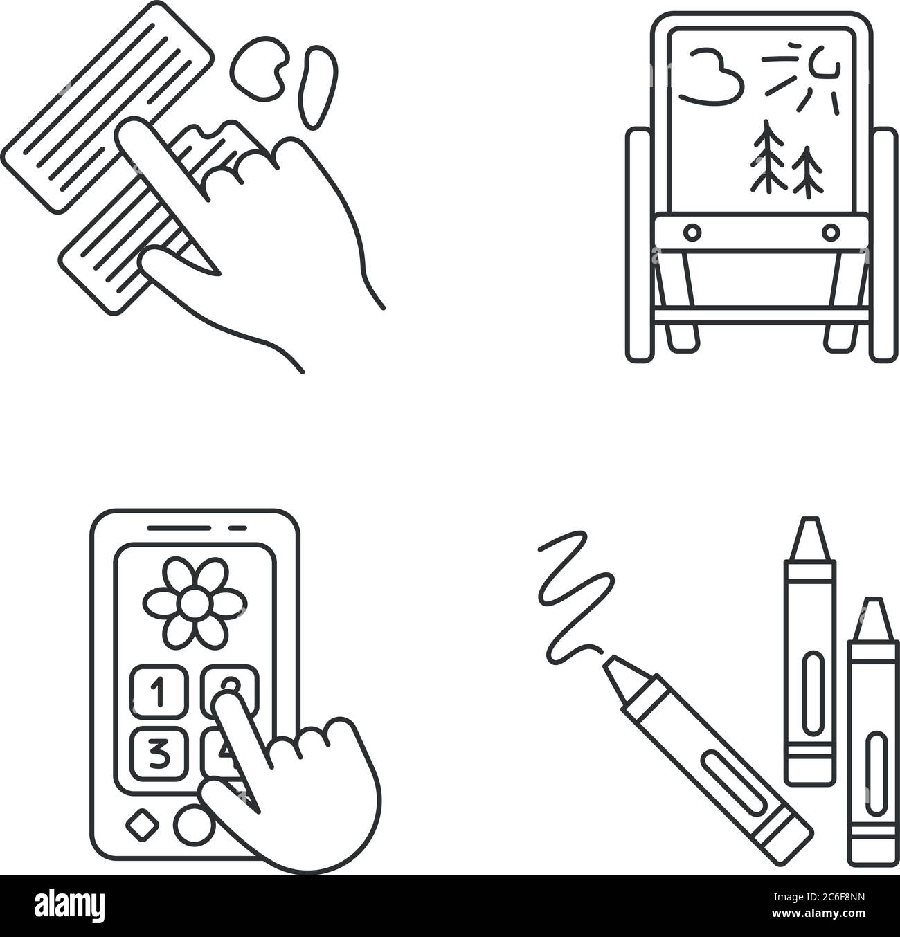 Bambini creatività giocattoli pixel perfetto lineare icone set. Strumenti di sviluppo delle competenze artistiche per i preschoolers. Simboli di contorno a linee sottili personalizzabili. IO Illustrazione Vettoriale