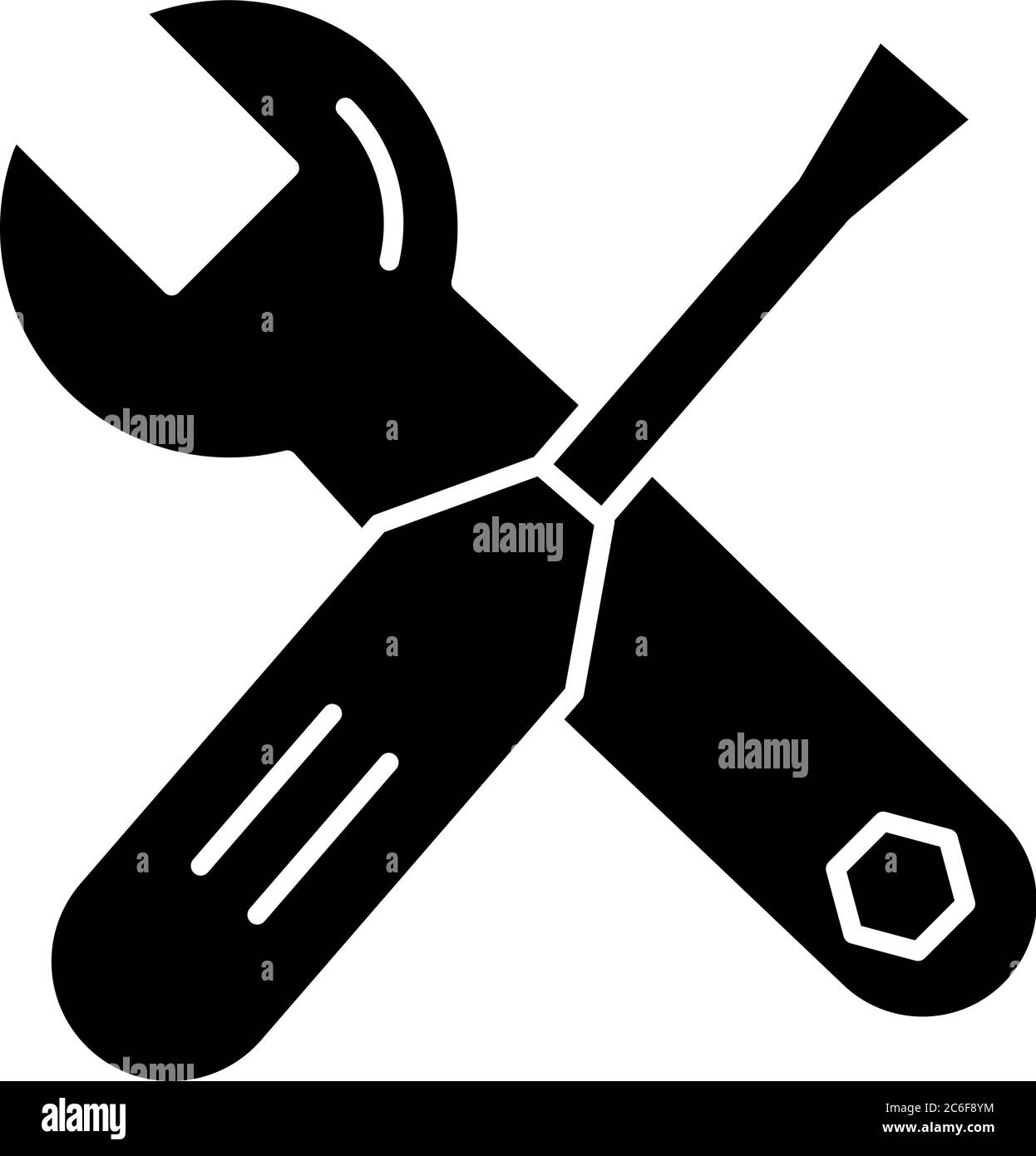 Strumenti icona glifo nero. Chiave e cacciavite per manipolo. Lavorare con il toolkit. Strumento per la manutenzione meccanica. Servizio di riparazione. Simbolo silhouette attivo Illustrazione Vettoriale