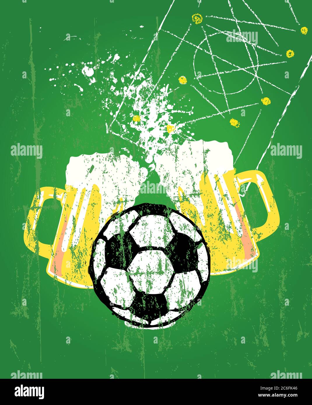 Grungy Soccer illustrazione mock up, palla di calcio, struttura grungy e birra, spazio libero copia, vettore Illustrazione Vettoriale
