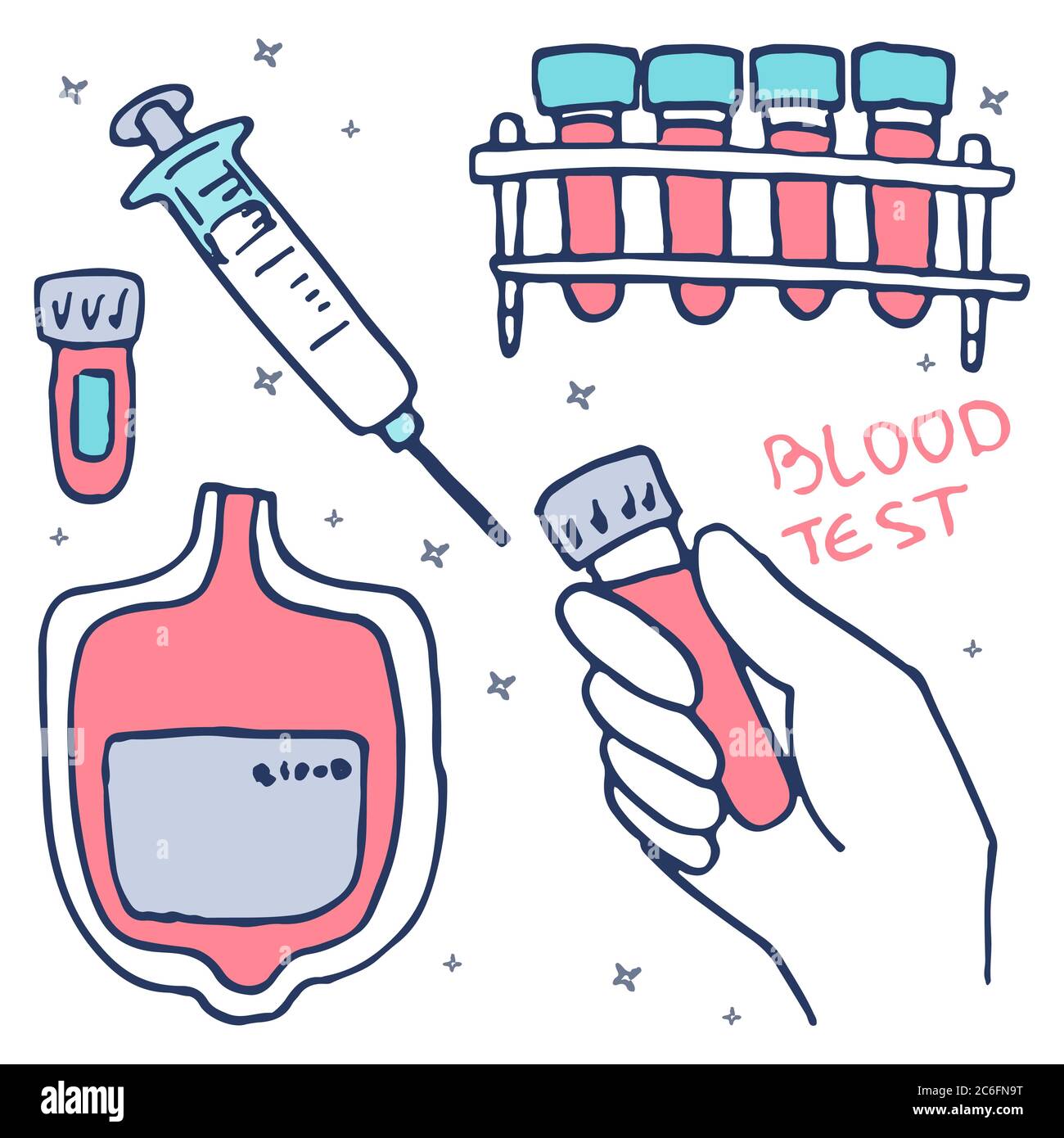 Confezione di sangue su sfondo bianco isolato. Provette e siringa per banner sociale, web element, promo sanitario, poster medico. Logo del negozio di farmacia o. Illustrazione Vettoriale