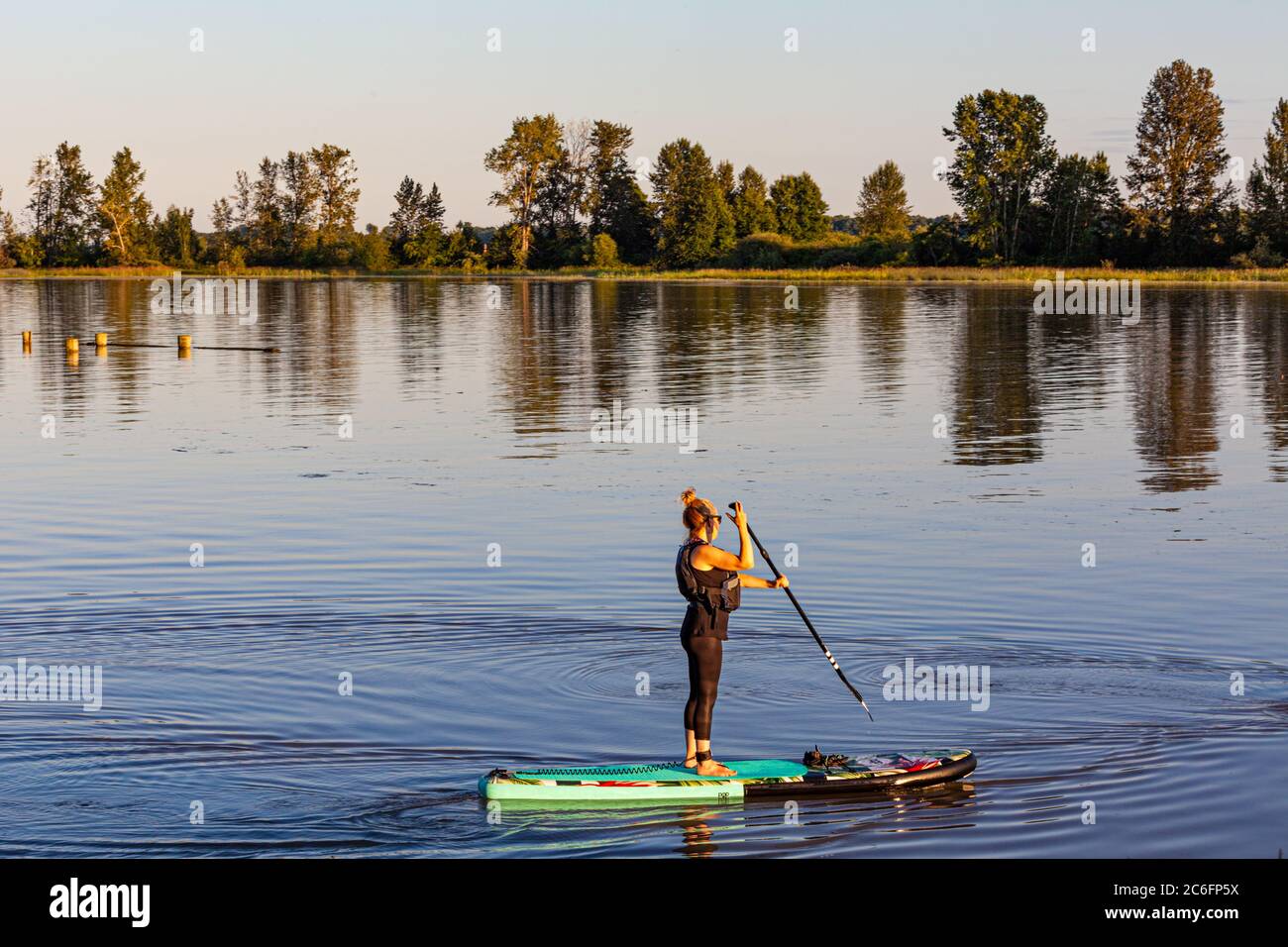 Paddleboarding in una serata tranquilla lungo il lungomare di Steveston nella British Columbia Canada Foto Stock