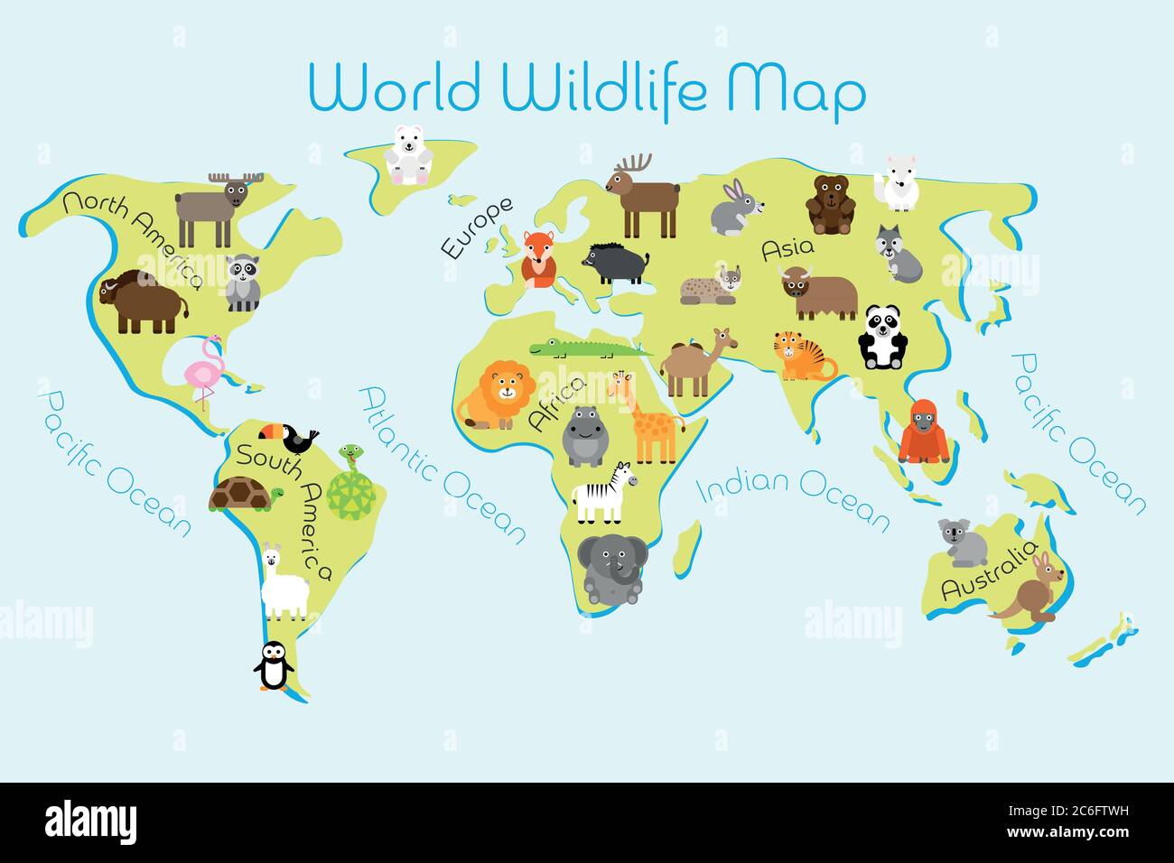 Mappa della fauna selvatica del mondo - continenti con fauna tipica. Animali divertenti. Tappeto o poster per bambini. Illustrazione vettoriale. Illustrazione Vettoriale