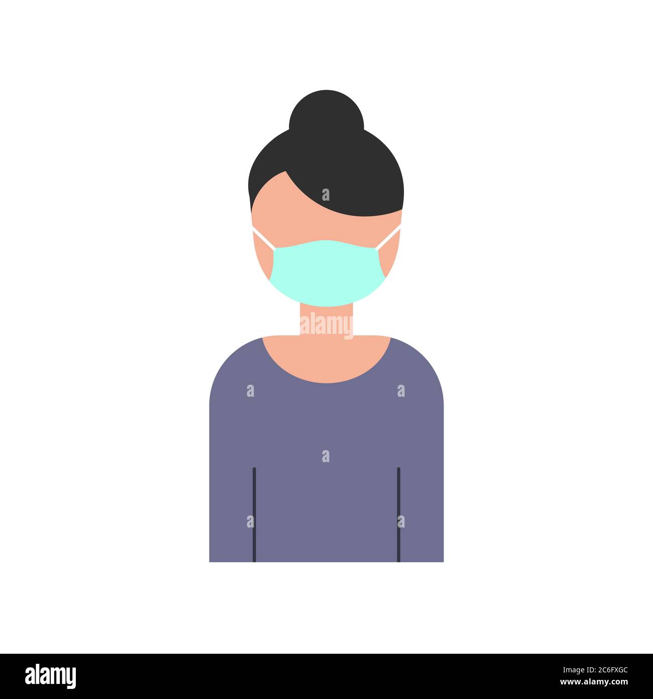 Donna d'affari che indossa una maschera protettiva. Prevenzione del coronavirus. Sicurezza sul luogo di lavoro. Nessuna voce senza concetto di maschera facciale. Personaggio cartoon su bianco Illustrazione Vettoriale