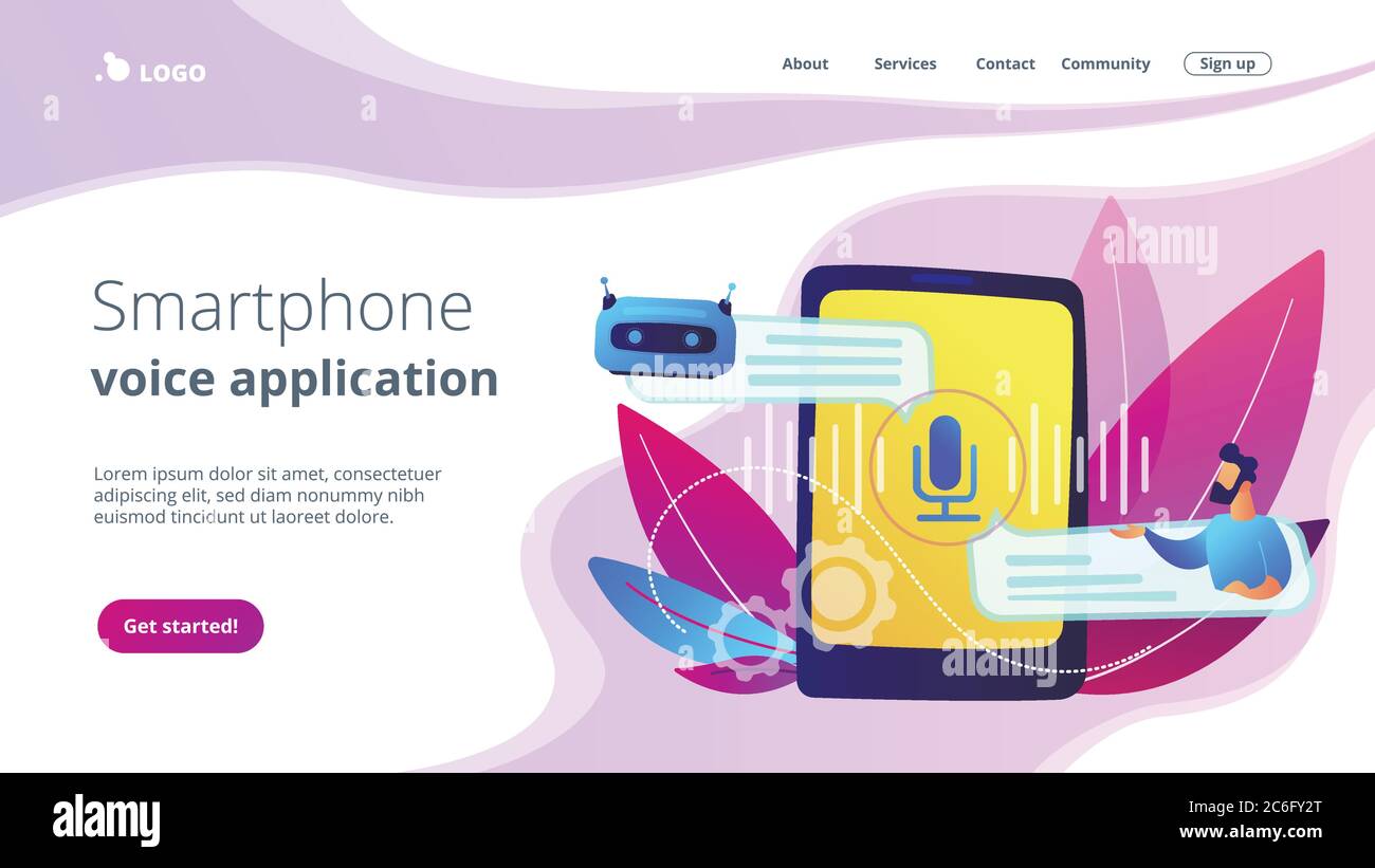 Pagina di destinazione di chatbot con sistema di assistenza virtuale controllato tramite voce. Illustrazione Vettoriale