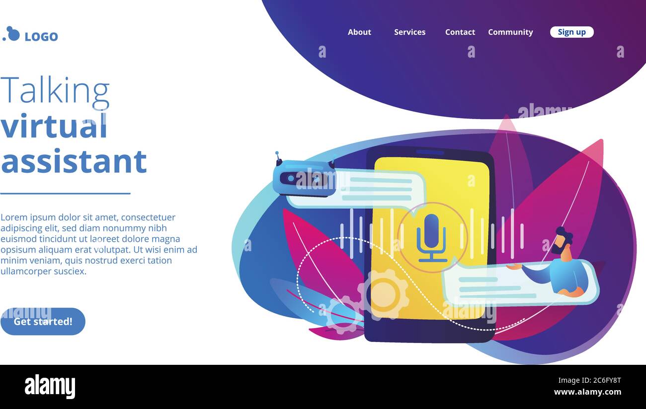 Pagina di destinazione di chatbot con sistema di assistenza virtuale controllato tramite voce. Illustrazione Vettoriale