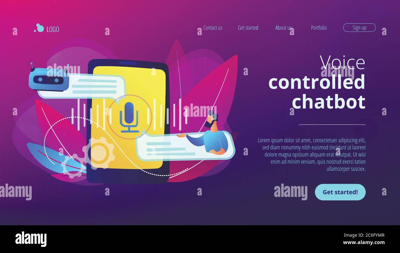 Pagina di destinazione di chatbot con sistema di assistenza virtuale controllato tramite voce. Illustrazione Vettoriale