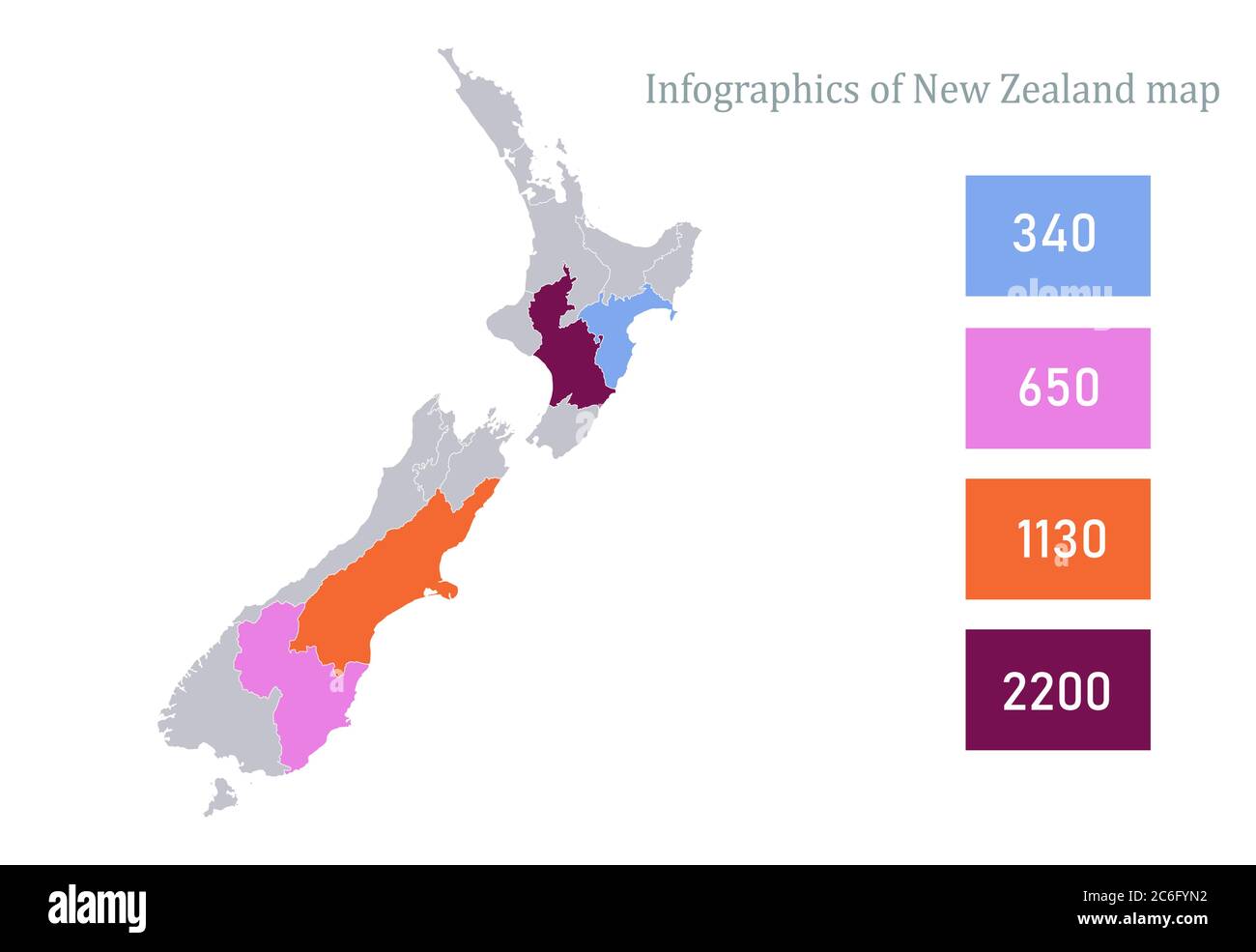 Infografiche della mappa neozelandese, vettore delle singole regioni Illustrazione Vettoriale