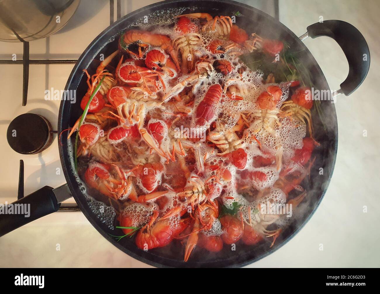 Cucina di gamberi di fiume, o aragosta, a casa su una ricetta tradizionale. Un sacco di aragoste rosse, acqua dolce che bollono in una grande ciotola sul piano cottura. Preparazione dei delici Foto Stock