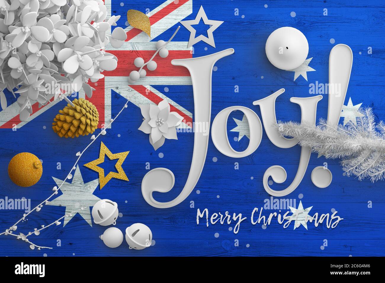 Bandiera australiana su tavolo di legno con testo di gioia. Natale e Capodanno, celebrazione nazionale concetto con decorazioni bianche. Foto Stock