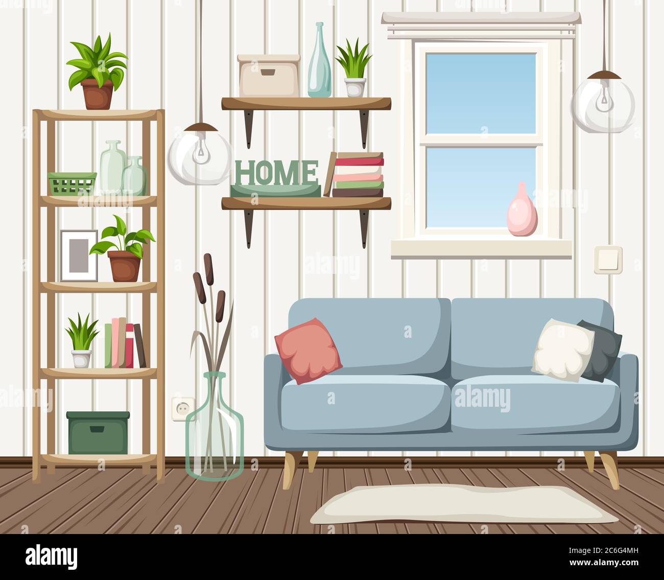 Vector accogliente soggiorno interno con divano, scaffalatura e piante da casa. Illustrazione Vettoriale