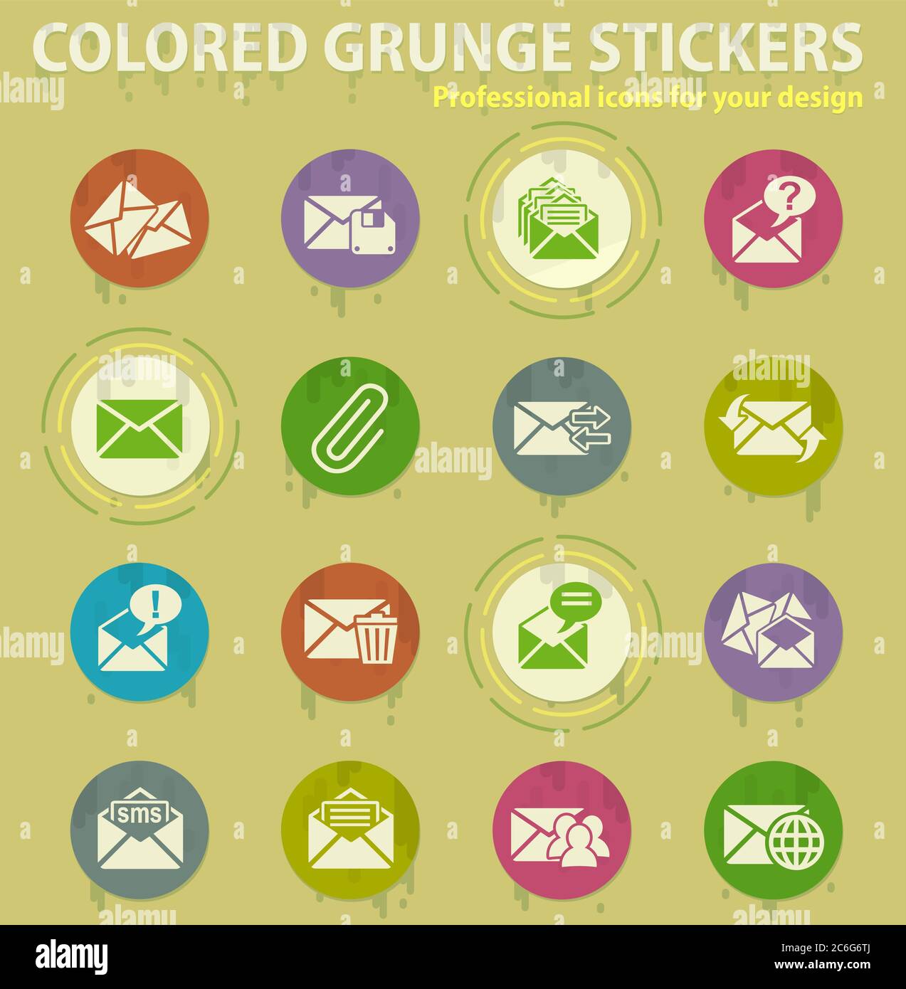 icone grunge colorate per posta e busta Illustrazione Vettoriale
