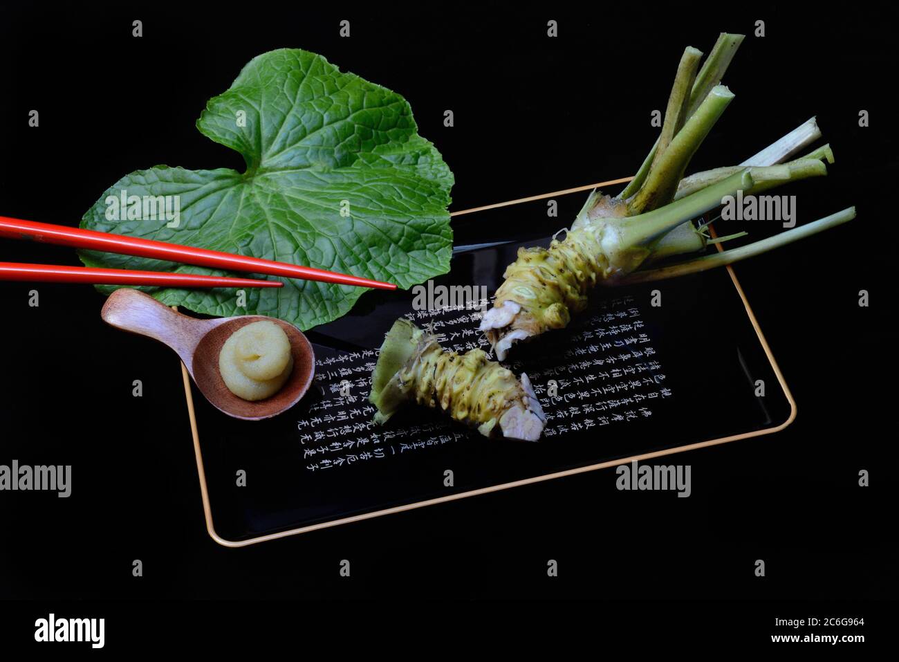 Radice di Wasabi e pasta di wasabi su vassoio con bastoncini, Germania Foto Stock