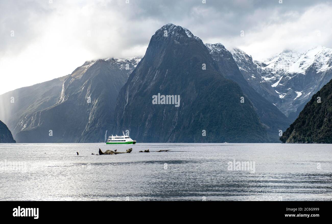 La barca turistica attraversa Milford Sound, nella vetta del monte posteriore, il Lion, Southland, South Island, Nuova Zelanda Foto Stock