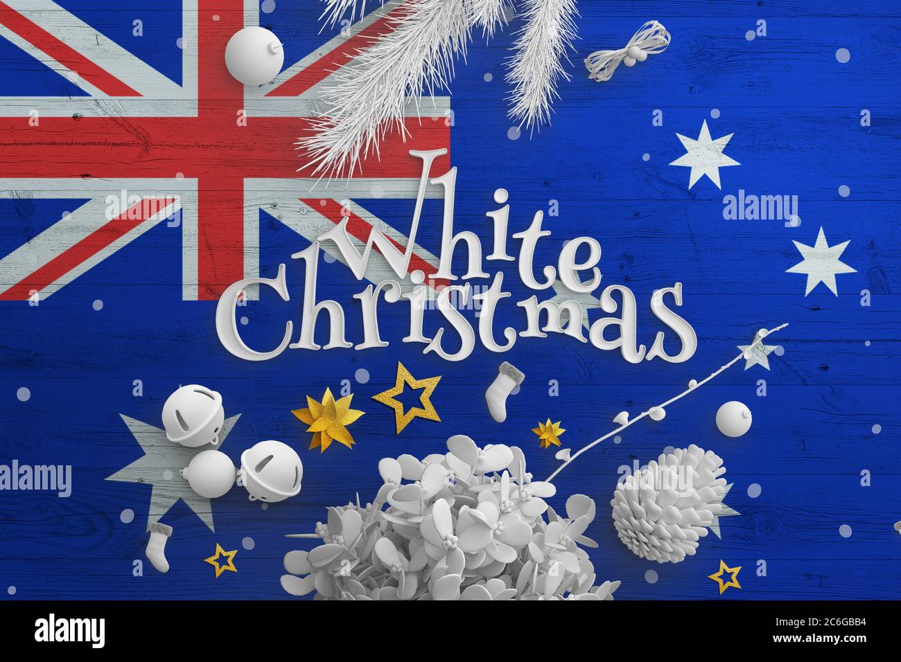 Bandiera australiana su tavolo di legno con testo bianco di Natale. Natale e Capodanno, celebrazione nazionale concetto con decorazioni bianche. Foto Stock