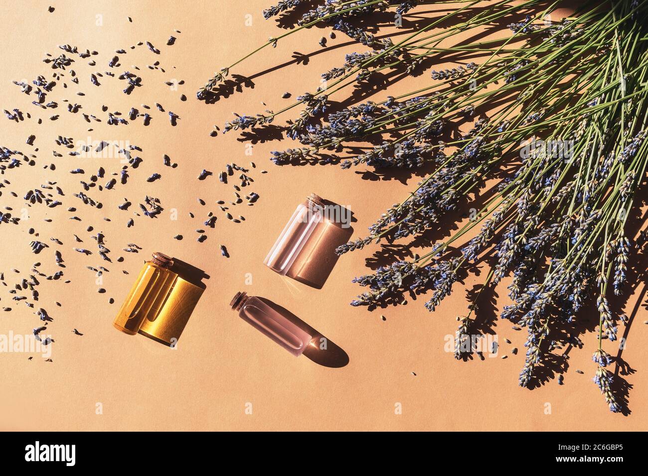 Fiore di lavanda, bottiglie di vetro con estratto e olio essenziale su fondo carta artigianale, ombre nitide, vista dall'alto. Disposizione piatta, spazio di copia Foto Stock