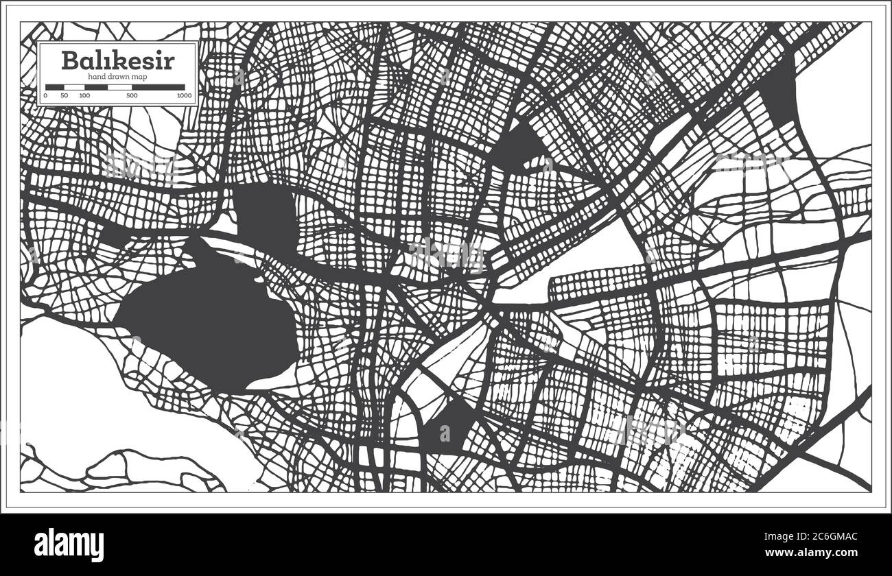 Mappa della città di Balikesir Turchia in bianco e nero in stile retro. Mappa di contorno. Illustrazione vettoriale. Illustrazione Vettoriale