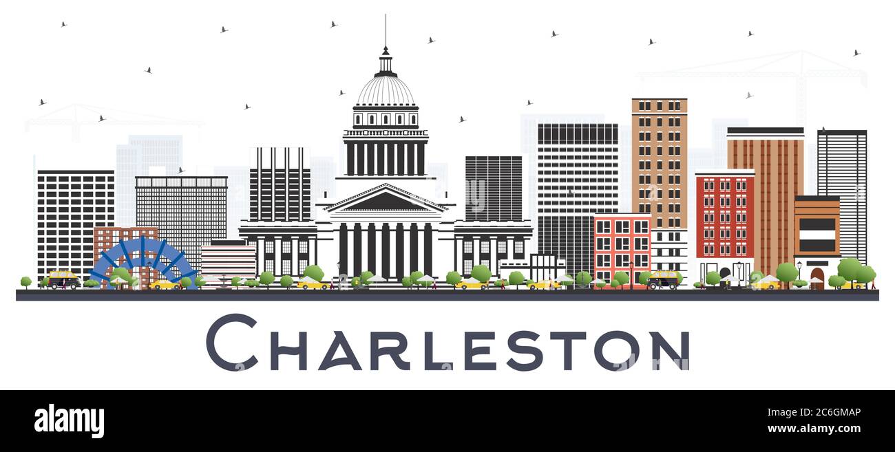 Charleston West Virginia City Skyline con edifici a colori isolati su bianco. Illustrazione vettoriale. Concetto di viaggio d'affari e turismo. Illustrazione Vettoriale